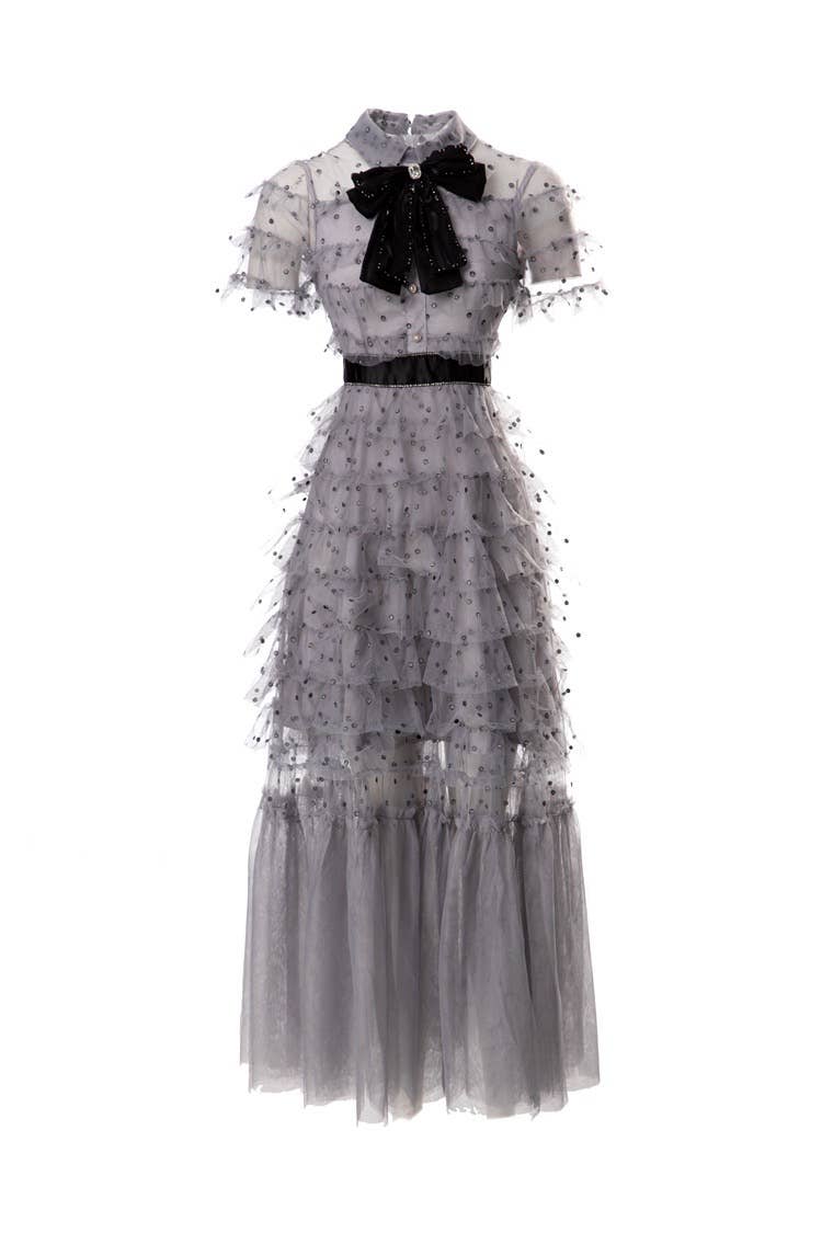 Chic French Bow-Adorned Mesh Slim Dress - Soleil et étoiles