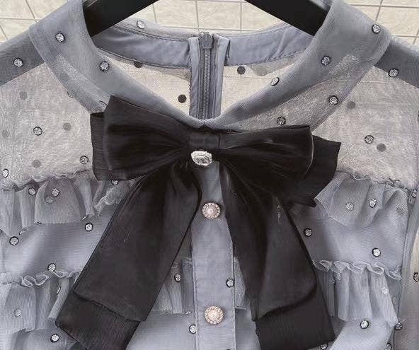 Chic French Bow-Adorned Mesh Slim Dress - Soleil et étoiles