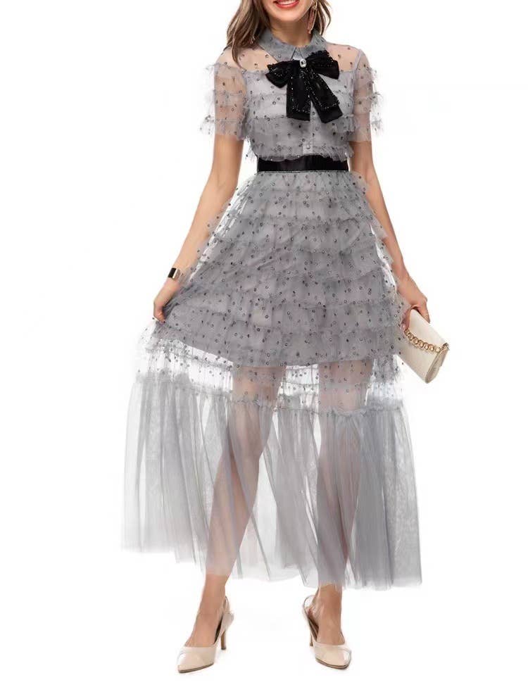 Chic French Bow-Adorned Mesh Slim Dress - Soleil et étoiles
