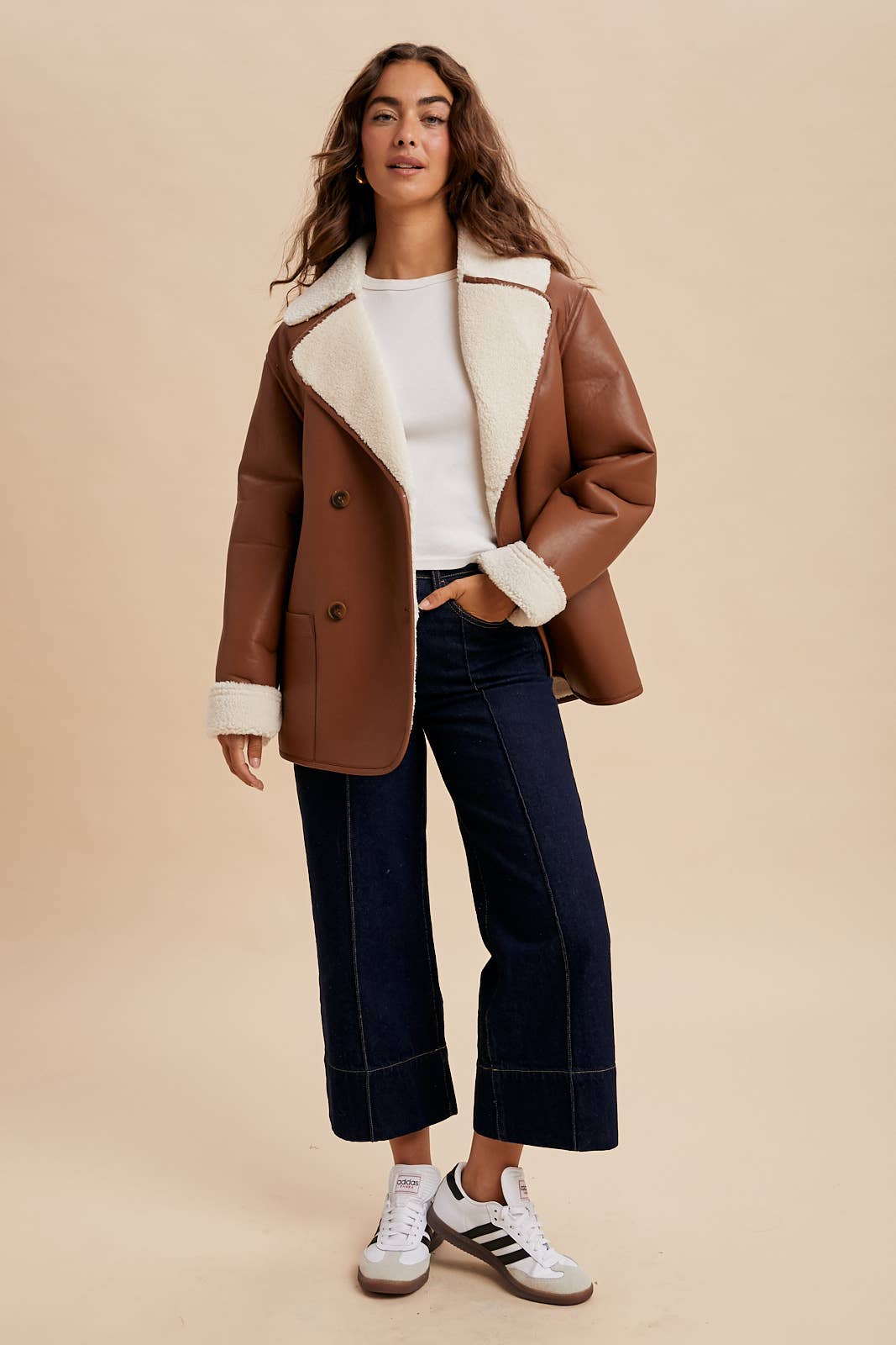 VEGAN FAUX LEATHER SHEARLING COAT
