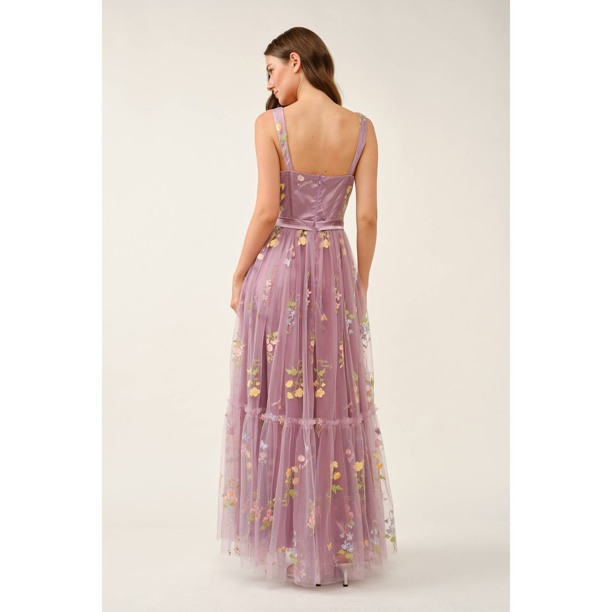Floral Embroidered Tulle Corset Tiered Maxi Dress