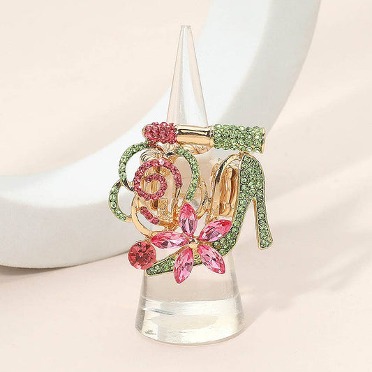 Rhinestone Pave High Heel Flower Lipstick Stretch Ring - Soleil et étoiles