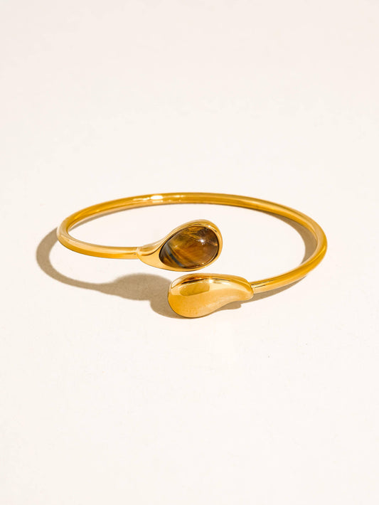 18K Gold Cat Eye Stone & Pearl Open Cuff Bracelet