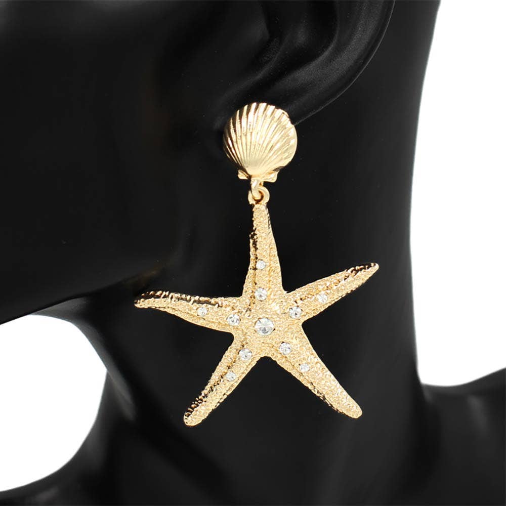 Bold Seashell Rhinestone Accent Textured Starfish Drop Statement Earrings - Soleil et étoiles