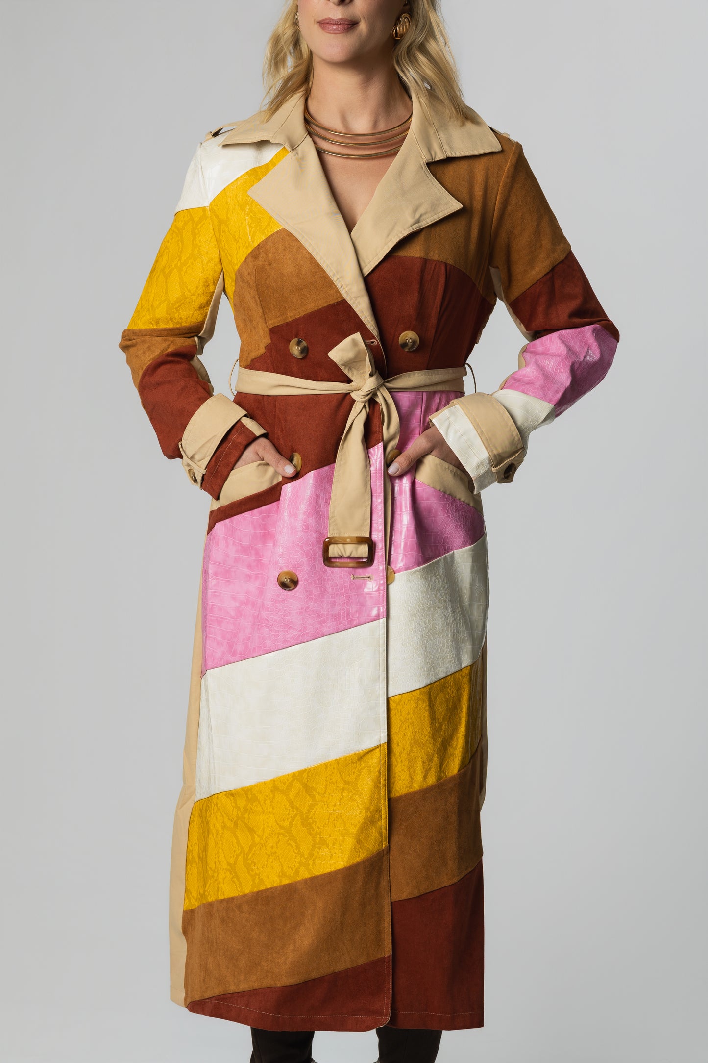 Leather & Suede Colorblock Belted Trench Coat – Camel/Burgundy/Pink