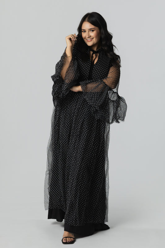 Polka Dot Mesh Layered-Sleeve Maxi Dress – Black/White