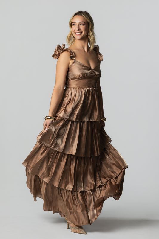 Ruffled Strap Tiered Shiny Maxi Dress – Champagne