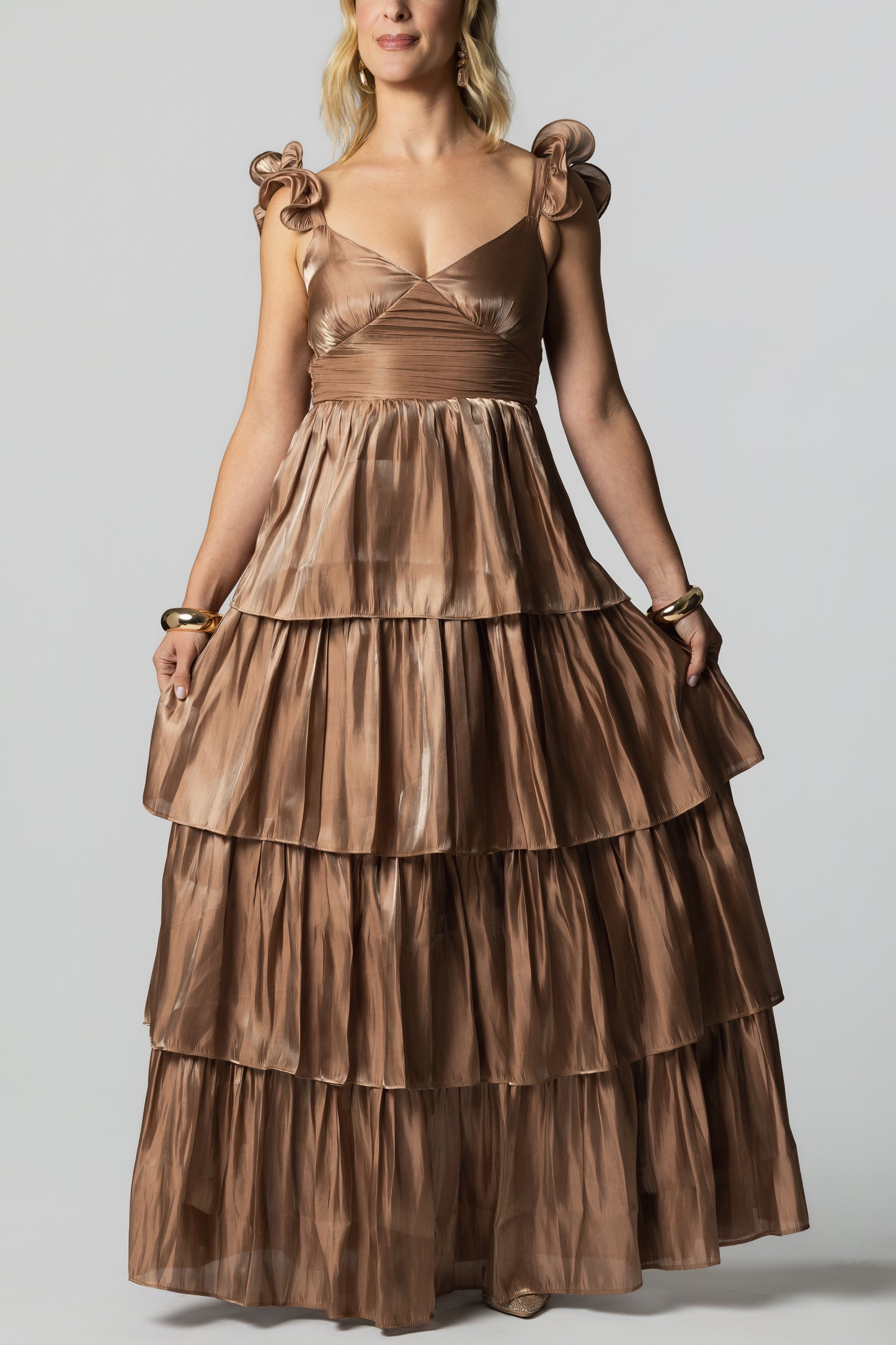 Ruffled Strap Tiered Shiny Maxi Dress – Champagne