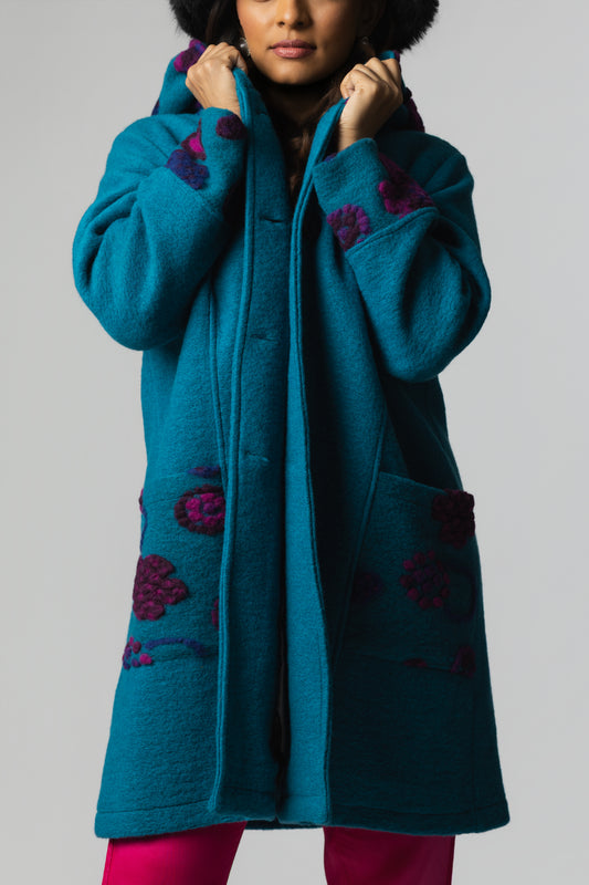 Embroidered Wool-Blend Hooded Coat