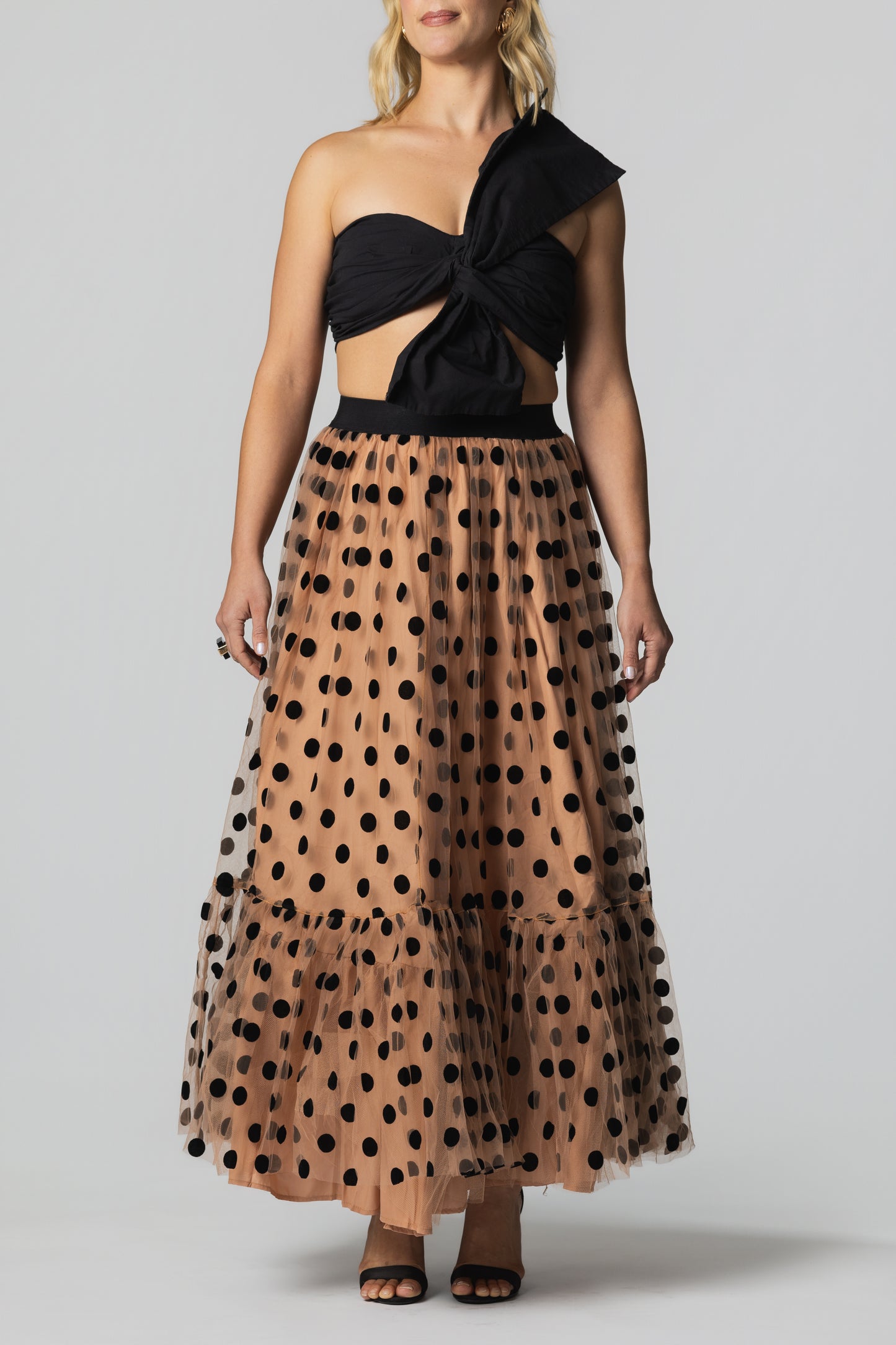 Polka Dot Tulle Tiered Maxi Skirt– Nude/Black