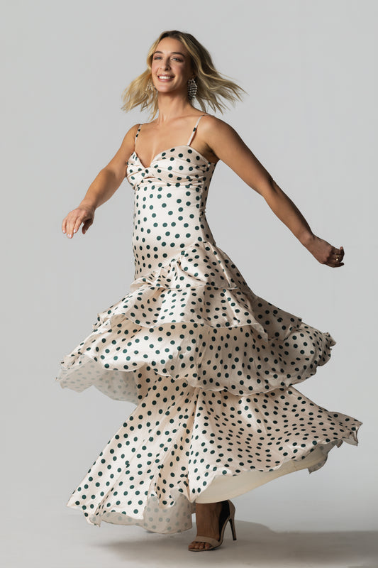 Satin Polka Dot Tiered Ruffle Maxi Dress – Ivory/Green