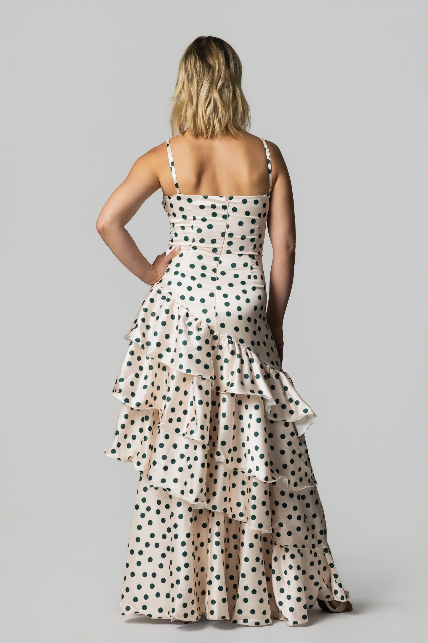 Satin Polka Dot Tiered Ruffle Maxi Dress – Ivory/Green