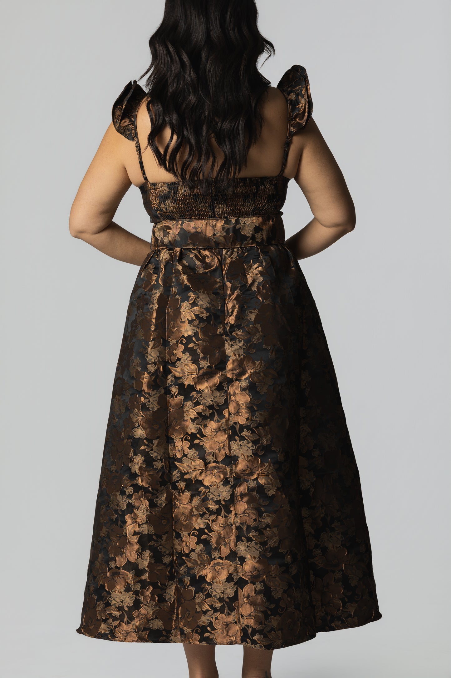 Floral Jacquard Corset-Style Midi Dress – Bronze/Black