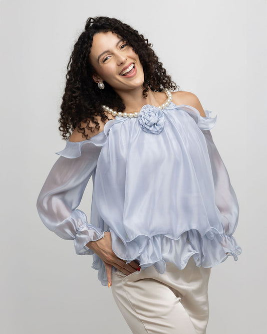 Off-Shoulder Pearl Accent Organza Ruffle Blouse - Soleil et étoiles