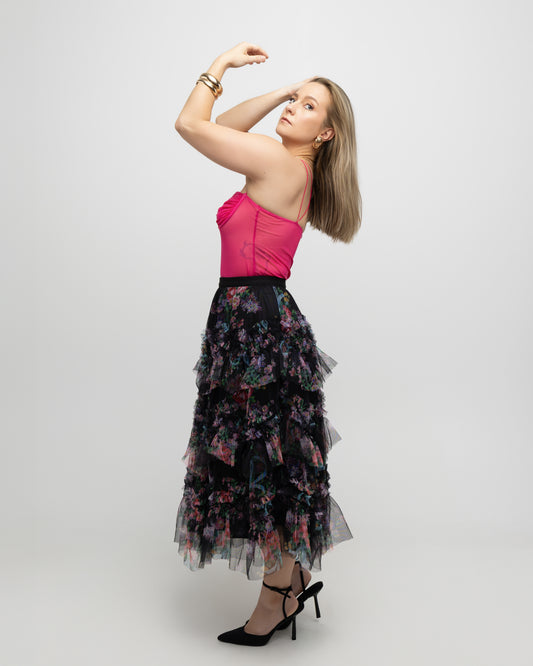 Colorful Floral Mesh Skirt with Irregular Stitching - Soleil et étoiles