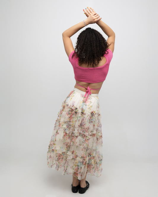 Colorful Floral Mesh Skirt with Irregular Stitching - Soleil et étoiles