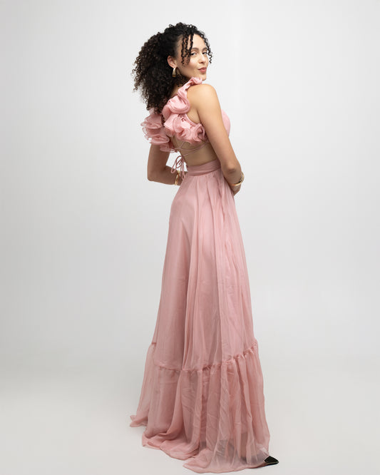 Chiffon Ruffle Shoulder V Neck Maxi Dress - Soleil et étoiles