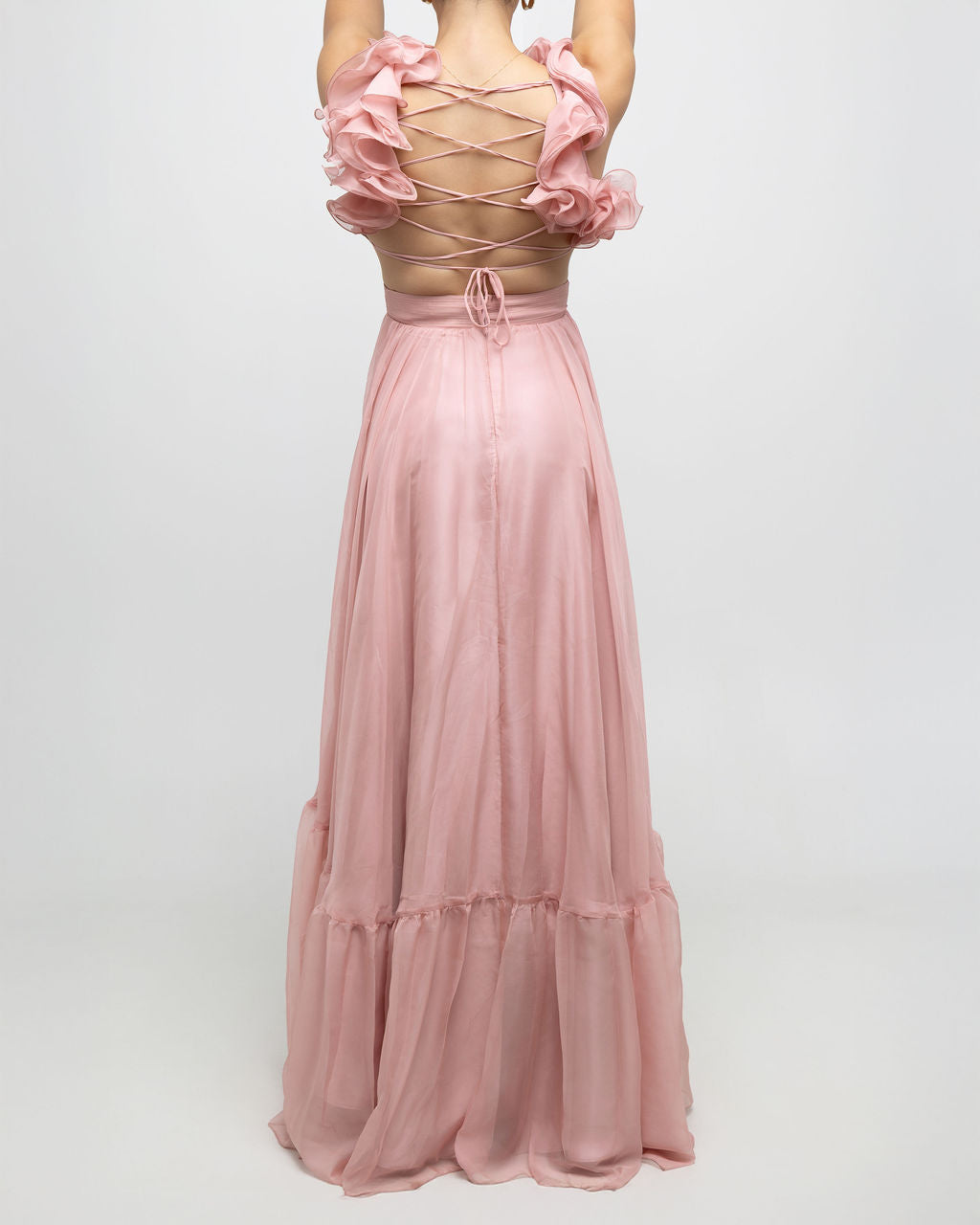 Chiffon Ruffle Shoulder V Neck Maxi Dress - Soleil et étoiles