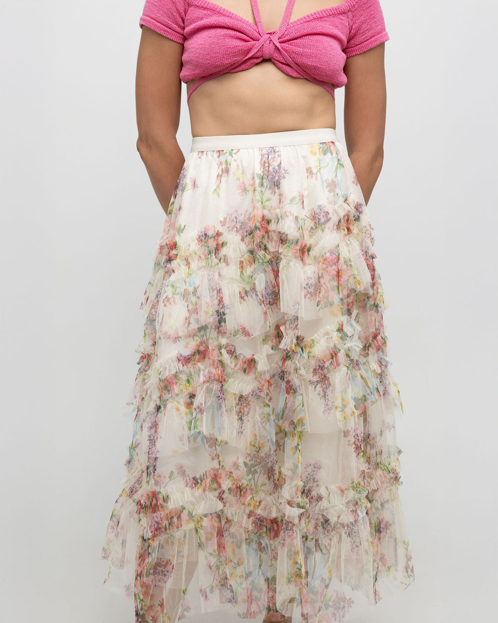 Colorful Floral Mesh Skirt with Irregular Stitching - Soleil et étoiles