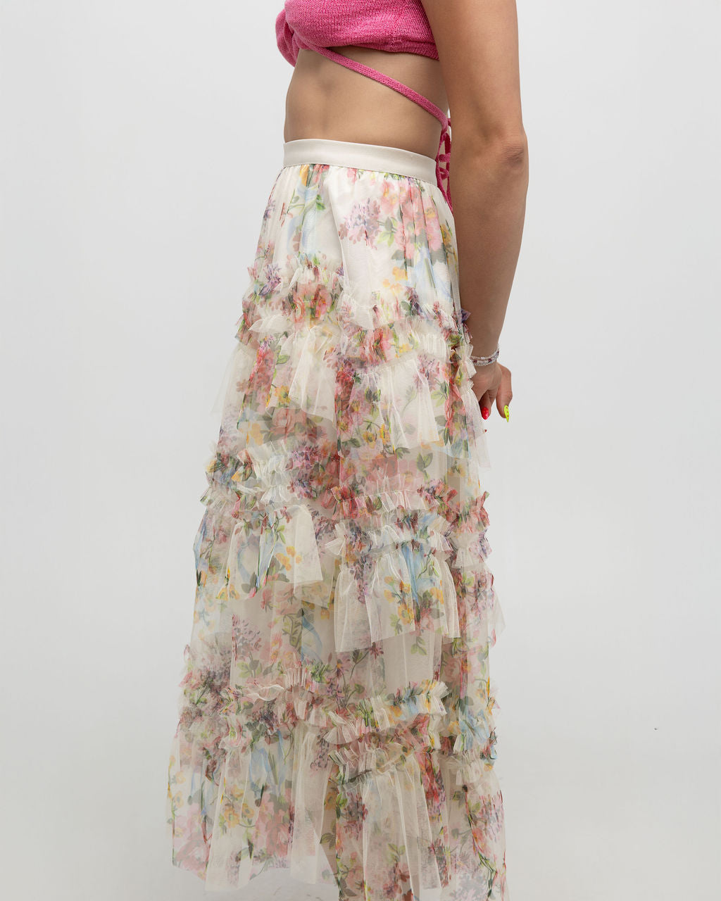 Colorful Floral Mesh Skirt with Irregular Stitching - Soleil et étoiles
