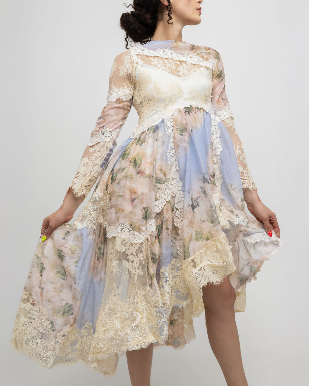 Floral Printed Long Lace Patchwork Dress - Soleil et étoiles