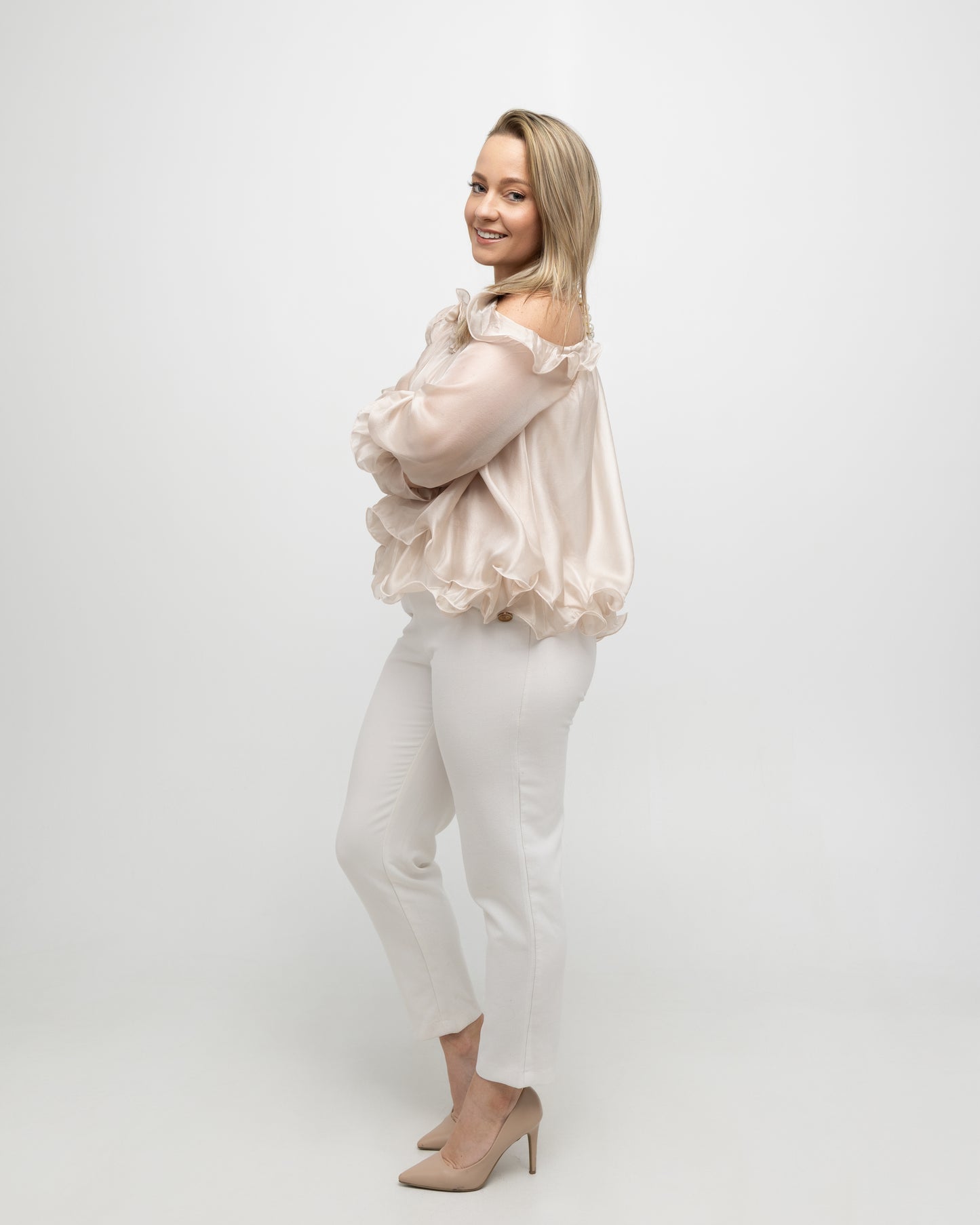 Off-Shoulder Pearl Accent Organza Ruffle Blouse - Soleil et étoiles
