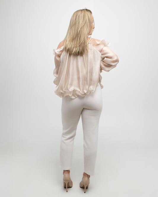 Off-Shoulder Pearl Accent Organza Ruffle Blouse - Soleil et étoiles