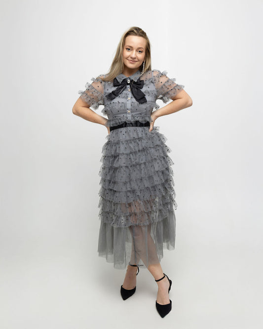 Chic French Bow-Adorned Mesh Slim Dress - Soleil et étoiles