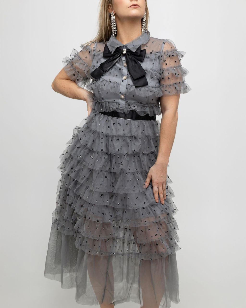 Chic French Bow-Adorned Mesh Slim Dress - Soleil et étoiles