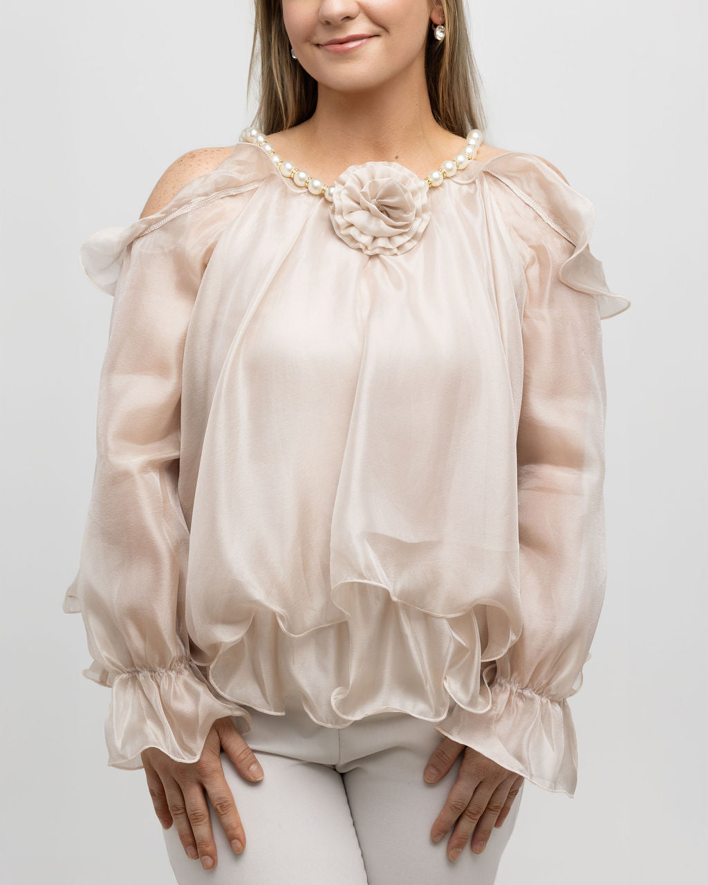 Off-Shoulder Pearl Accent Organza Ruffle Blouse - Soleil et étoiles