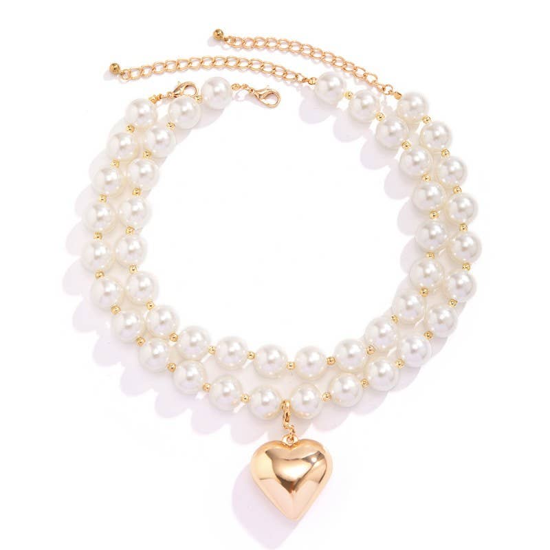 LUSTROUS PEARL BEADED LAYERED HEART NECKLACE | 40NK9456 - Soleil et étoiles