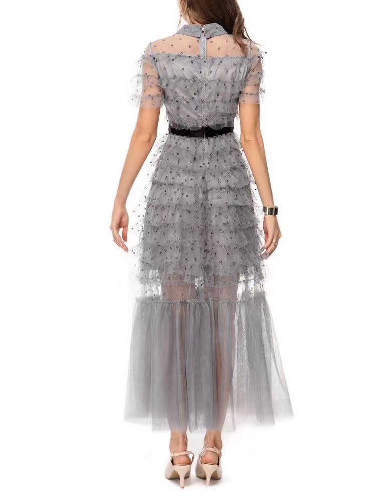 Chic French Bow-Adorned Mesh Slim Dress - Soleil et étoiles