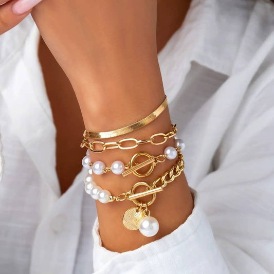 MULTILAYER PEARL CHAIN HERRINGBONE MIX BRACELET | 40B5151 - Soleil et étoiles