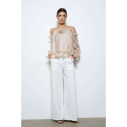 Off-Shoulder Pearl Accent Organza Ruffle Blouse - Soleil et étoiles