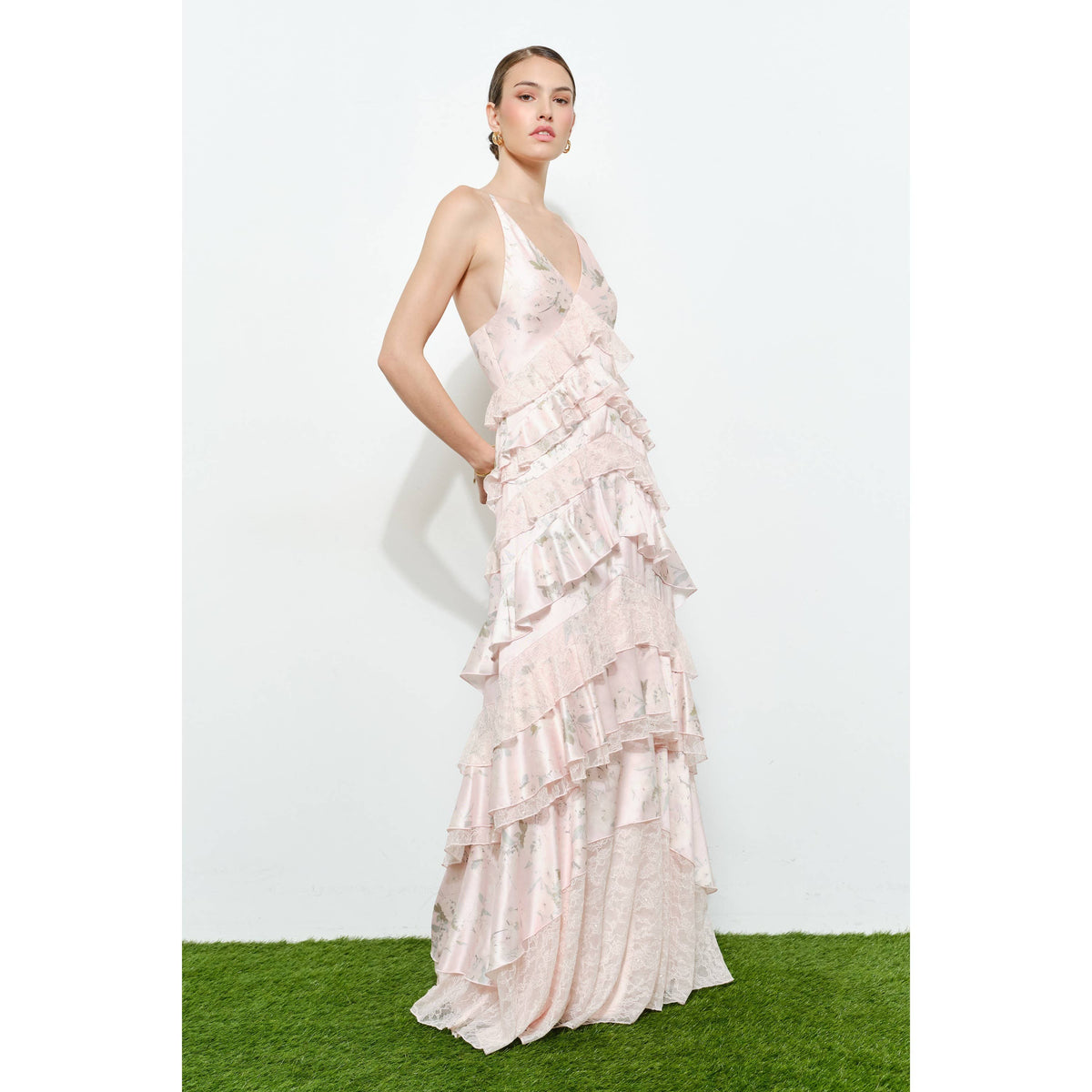 Romantic Floral Silk Lace Trim Tiered Maxi Dress