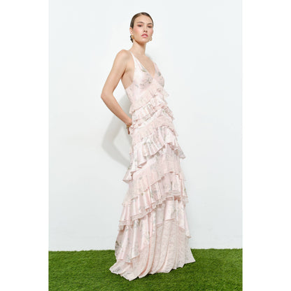 Romantic Floral Silk Lace Trim Tiered Maxi Dress