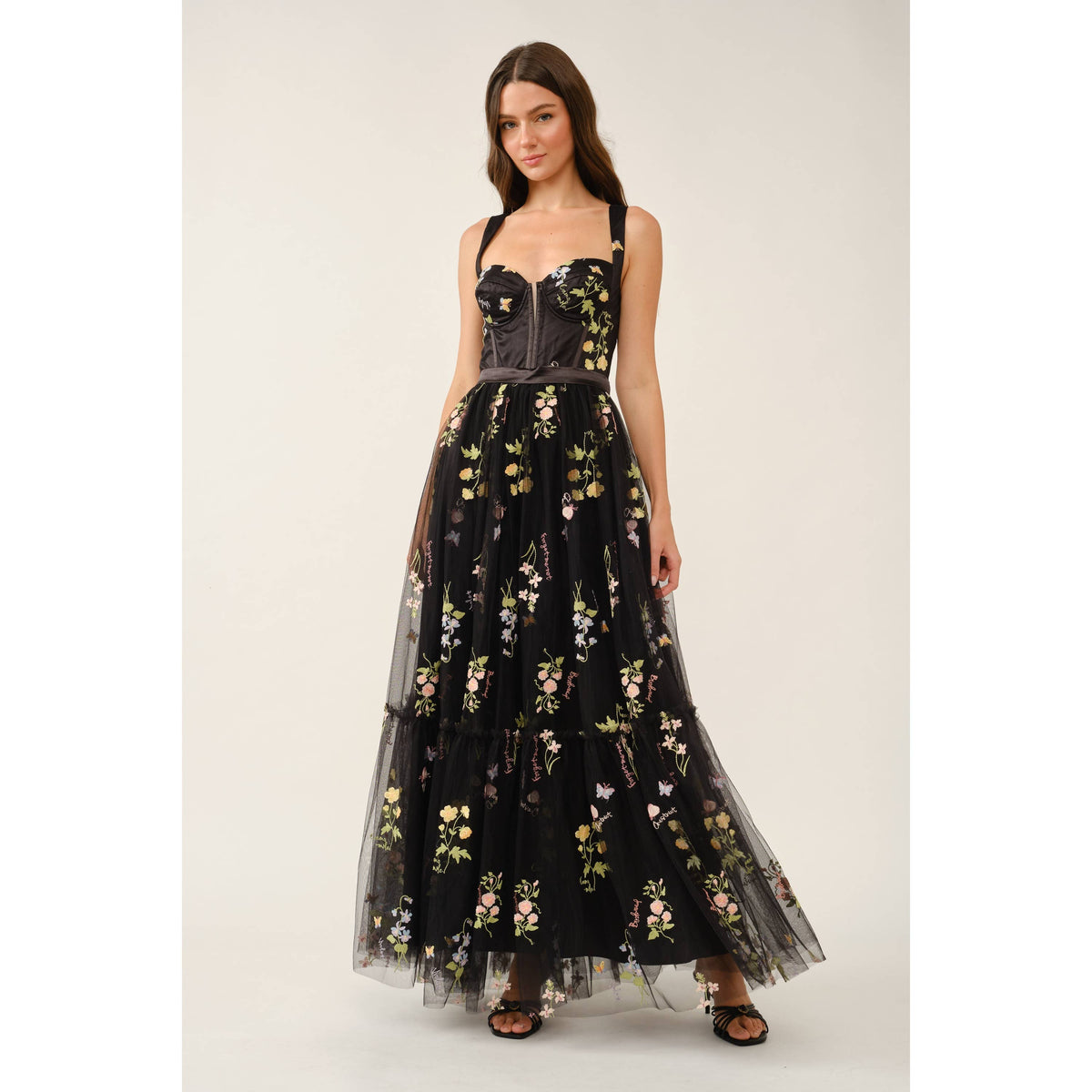 Floral Embroidered Tulle Corset Tiered Maxi Dress