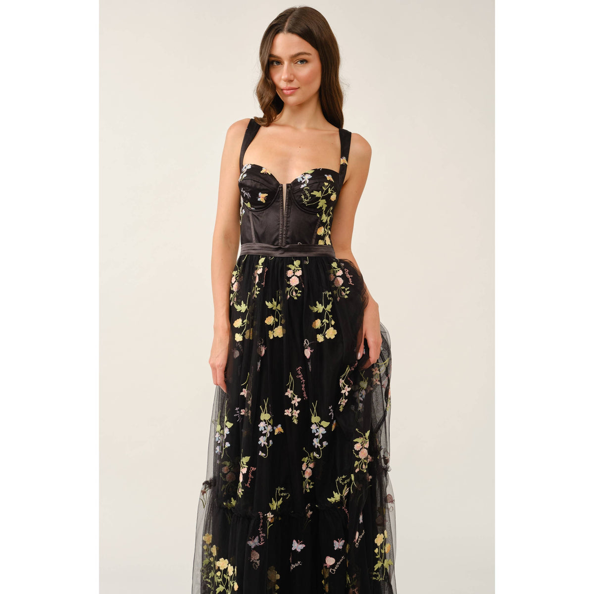 Floral Embroidered Tulle Corset Tiered Maxi Dress