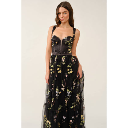 Floral Embroidered Tulle Corset Tiered Maxi Dress