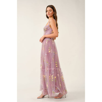 Floral Embroidered Tulle Corset Tiered Maxi Dress