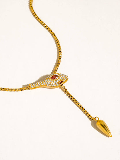 Nash 18K Gold Non-Tarnish Red CZ Snake Lariat Necklace