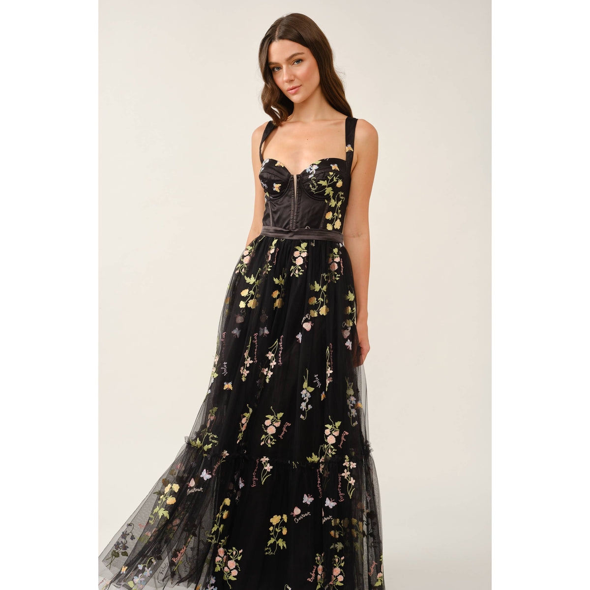 Floral Embroidered Tulle Corset Tiered Maxi Dress
