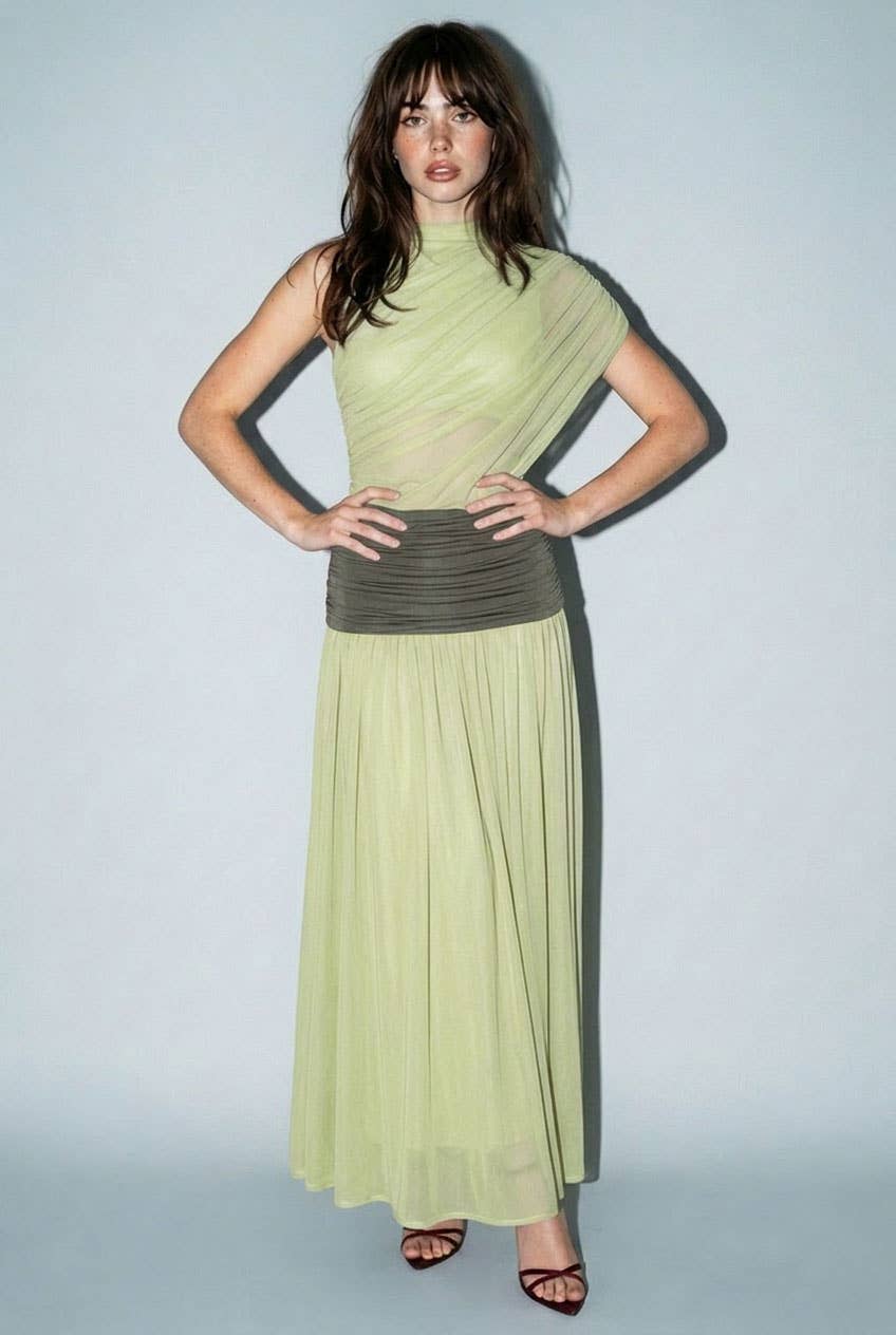 Colorblock Mesh Maxi Dress with Contrast Waist - Soleil et étoiles