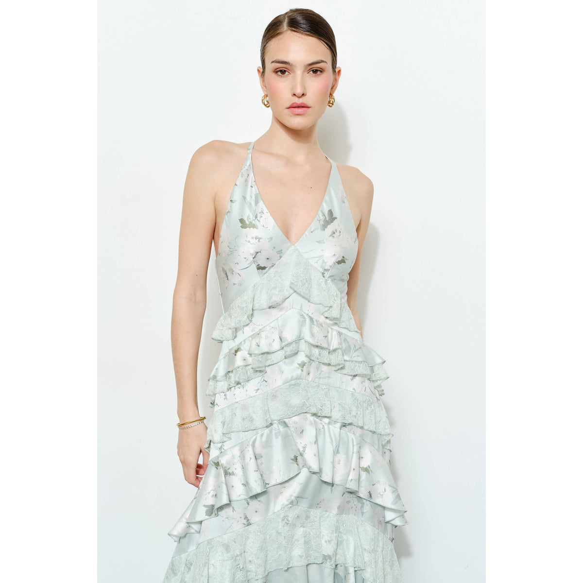 Romantic Floral Silk Lace Trim Tiered Maxi Dress