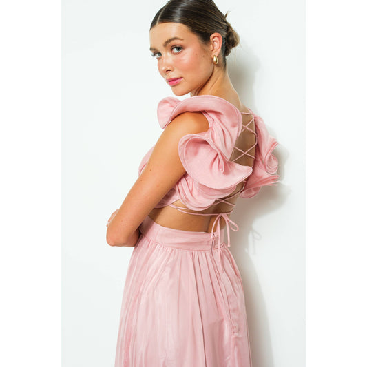 Chiffon Ruffle Shoulder V Neck Maxi Dress - Soleil et étoiles