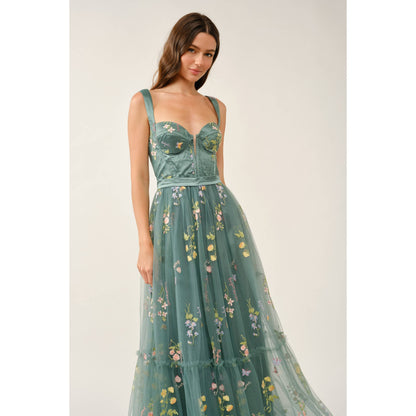 Floral Embroidered Tulle Corset Tiered Maxi Dress