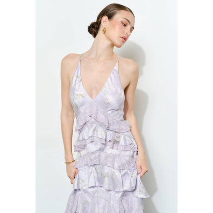 Romantic Floral Silk Lace Trim Tiered Maxi Dress