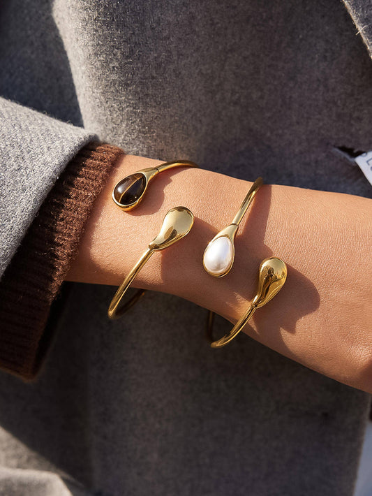 18K Gold Cat Eye Stone & Pearl Open Cuff Bracelet