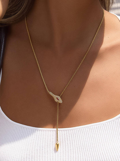 Nash 18K Gold Non-Tarnish Red CZ Snake Lariat Necklace