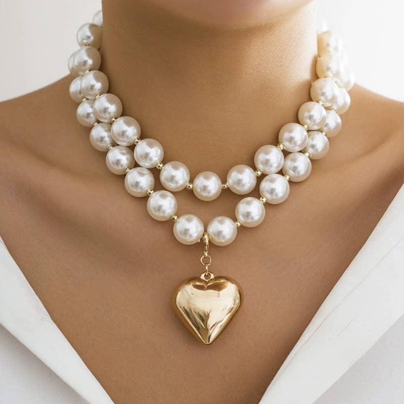 LUSTROUS PEARL BEADED LAYERED HEART NECKLACE | 40NK9456 - Soleil et étoiles